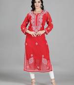 HAND EMBROIDERED LUCKNOWI CHIKANKARI RED GEORGETTE KURTA WITH SLIP