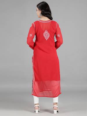 HAND EMBROIDERED LUCKNOWI CHIKANKARI RED GEORGETTE KURTA WITH SLIP 2