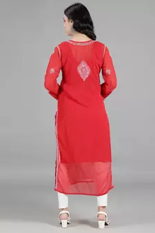 HAND EMBROIDERED LUCKNOWI CHIKANKARI RED GEORGETTE KURTA WITH SLIP