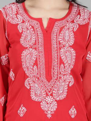 HAND EMBROIDERED LUCKNOWI CHIKANKARI RED GEORGETTE KURTA WITH SLIP 3