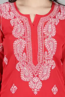 HAND EMBROIDERED LUCKNOWI CHIKANKARI RED GEORGETTE KURTA WITH SLIP