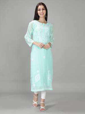 Hand Embroidered Lucknowi Chikankari Sea Green Georgette Kurta with Slip 1