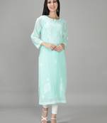 Hand Embroidered Lucknowi Chikankari Sea Green Georgette Kurta with Slip