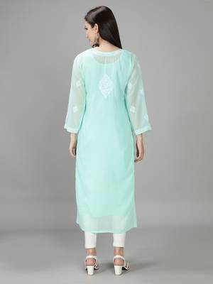 Hand Embroidered Lucknowi Chikankari Sea Green Georgette Kurta with Slip 2