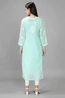 Hand Embroidered Lucknowi Chikankari Sea Green Georgette Kurta with Slip