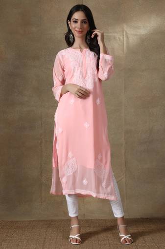 Peach embroidered georgette embroidered-kurtis
