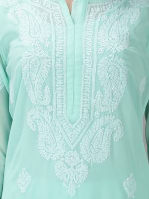 Hand Embroidered Lucknowi Chikankari Sea Green Georgette Kurta with Slip 4