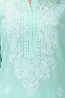 Hand Embroidered Lucknowi Chikankari Sea Green Georgette Kurta with Slip