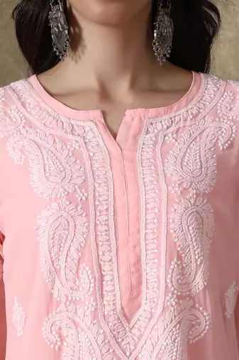 Peach embroidered georgette embroidered-kurtis