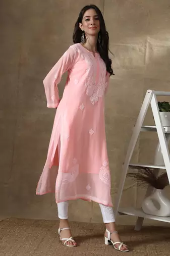 Peach embroidered georgette embroidered-kurtis