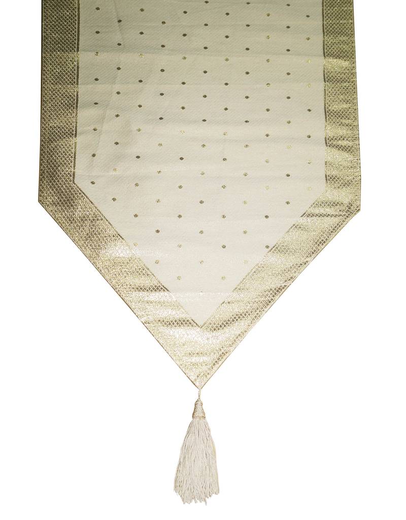 Lushomes Golden & Cream Silk Festive Runners with Triangle Ends and Tassels on Both Sides (Single Pc, 12 x 70 inches)