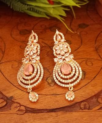 Pink Indian Jewellery American Diamond Rose Polish Long Hangging Dangler Earrings for Women Wedding 1