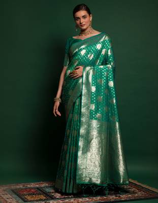 glamourous Green Machine Weaving Printed Razzi silk saree with blouse 1