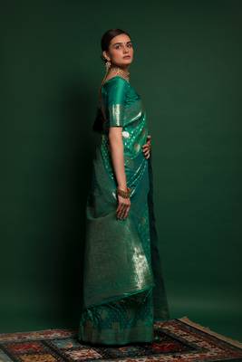 glamourous Green Machine Weaving Printed Razzi silk saree with blouse 4