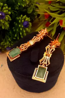 green Indian Jewellery American Diamond Rose Polish Long Hangging Dangler Earrings for Women Wedding