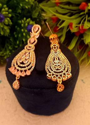 pink Indian Jewellery American Diamond Rose Polish Long Hangging Dangler Earrings for Women Wedding 2