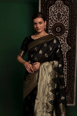 Colorful Black Machine Weaving Printed Razzi silk saree with blouse 2