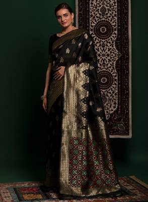 Colorful Black Machine Weaving Printed Razzi silk saree with blouse 1