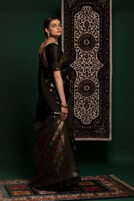 Colorful Black Machine Weaving Printed Razzi silk saree with blouse 4