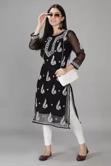 Black embroidered georgette chikankari-kurtis