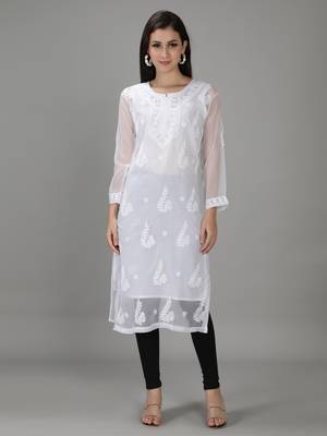 White embroidered georgette chikankari-kurtis 1