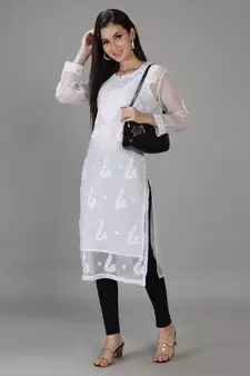 White embroidered georgette chikankari-kurtis