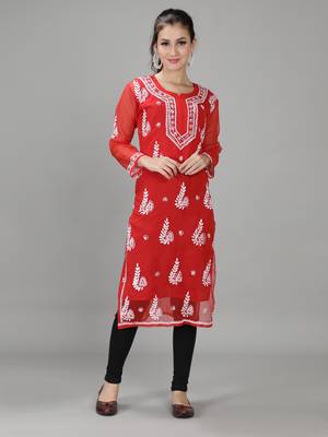 Red embroidered georgette chikankari-kurtis 1