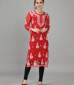 Red embroidered georgette chikankari-kurtis