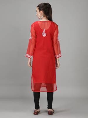Red embroidered georgette chikankari-kurtis 2