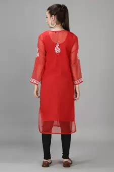 Red embroidered georgette chikankari-kurtis