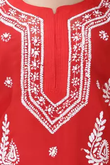 Red embroidered georgette chikankari-kurtis