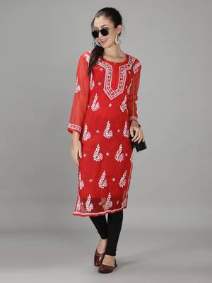 Red embroidered georgette chikankari-kurtis 5