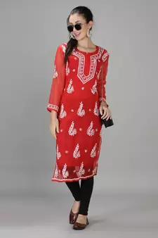 Red embroidered georgette chikankari-kurtis