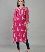 Magenta embroidered georgette chikankari-kurtis