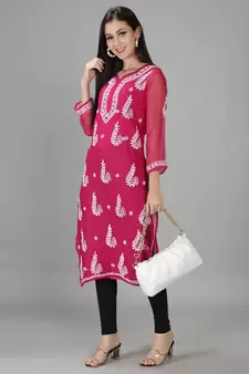 Magenta embroidered georgette chikankari-kurtis