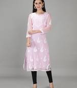 HAND EMBROIDERED PINK GEORGETTE LUCKNOWI CHIKANKARI KURTI FOR WOMEN WITH SLIP