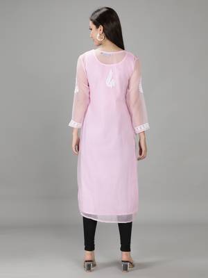 HAND EMBROIDERED PINK GEORGETTE LUCKNOWI CHIKANKARI KURTI FOR WOMEN WITH SLIP 2