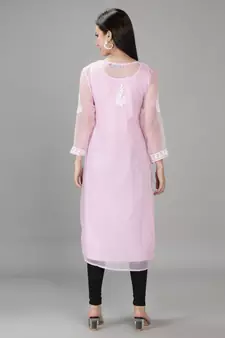 HAND EMBROIDERED PINK GEORGETTE LUCKNOWI CHIKANKARI KURTI FOR WOMEN WITH SLIP
