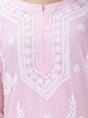 HAND EMBROIDERED PINK GEORGETTE LUCKNOWI CHIKANKARI KURTI FOR WOMEN WITH SLIP 4