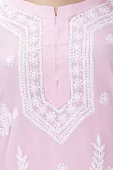 HAND EMBROIDERED PINK GEORGETTE LUCKNOWI CHIKANKARI KURTI FOR WOMEN WITH SLIP