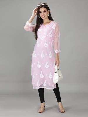 HAND EMBROIDERED PINK GEORGETTE LUCKNOWI CHIKANKARI KURTI FOR WOMEN WITH SLIP 5