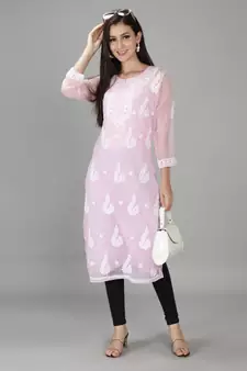 HAND EMBROIDERED PINK GEORGETTE LUCKNOWI CHIKANKARI KURTI FOR WOMEN WITH SLIP