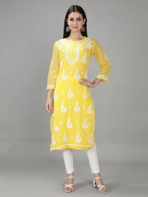 HAND EMBROIDERED YELLOW GEORGETTE LUCKNOWI CHIKANKARI KURTI FOR WOMEN WITH SLIP 1