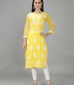 HAND EMBROIDERED YELLOW GEORGETTE LUCKNOWI CHIKANKARI KURTI FOR WOMEN WITH SLIP