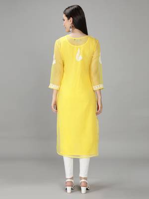 HAND EMBROIDERED YELLOW GEORGETTE LUCKNOWI CHIKANKARI KURTI FOR WOMEN WITH SLIP 2