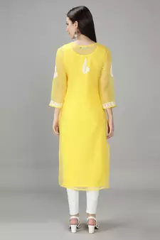 HAND EMBROIDERED YELLOW GEORGETTE LUCKNOWI CHIKANKARI KURTI FOR WOMEN WITH SLIP