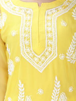 HAND EMBROIDERED YELLOW GEORGETTE LUCKNOWI CHIKANKARI KURTI FOR WOMEN WITH SLIP 4