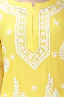 HAND EMBROIDERED YELLOW GEORGETTE LUCKNOWI CHIKANKARI KURTI FOR WOMEN WITH SLIP