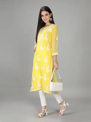 HAND EMBROIDERED YELLOW GEORGETTE LUCKNOWI CHIKANKARI KURTI FOR WOMEN WITH SLIP 5