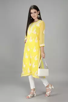 HAND EMBROIDERED YELLOW GEORGETTE LUCKNOWI CHIKANKARI KURTI FOR WOMEN WITH SLIP